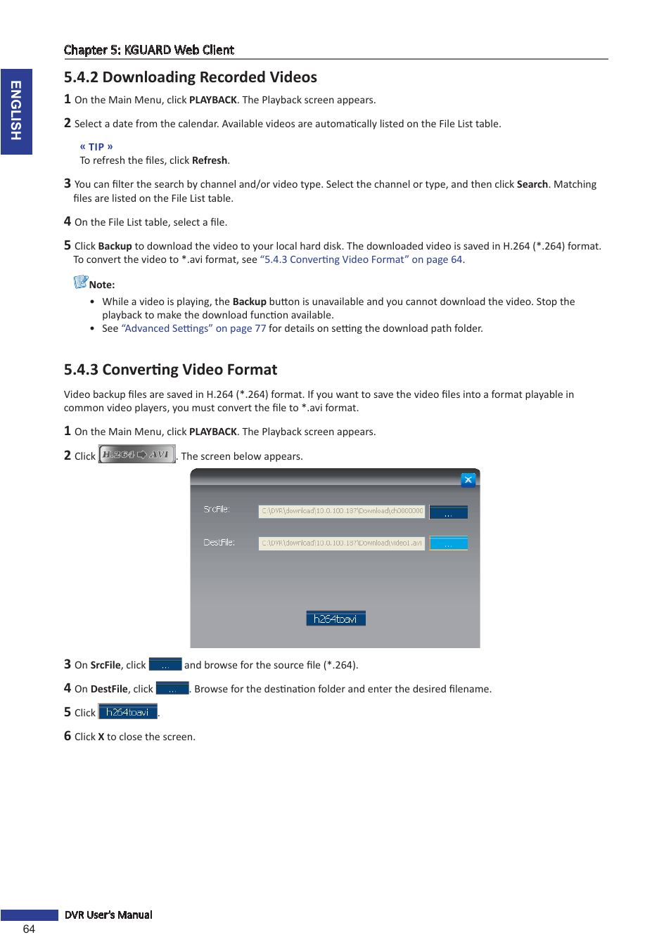 2 downloading recorded videos, 3 converting video format | KGUARD Security TC801 User Manual | Page 64 / 91