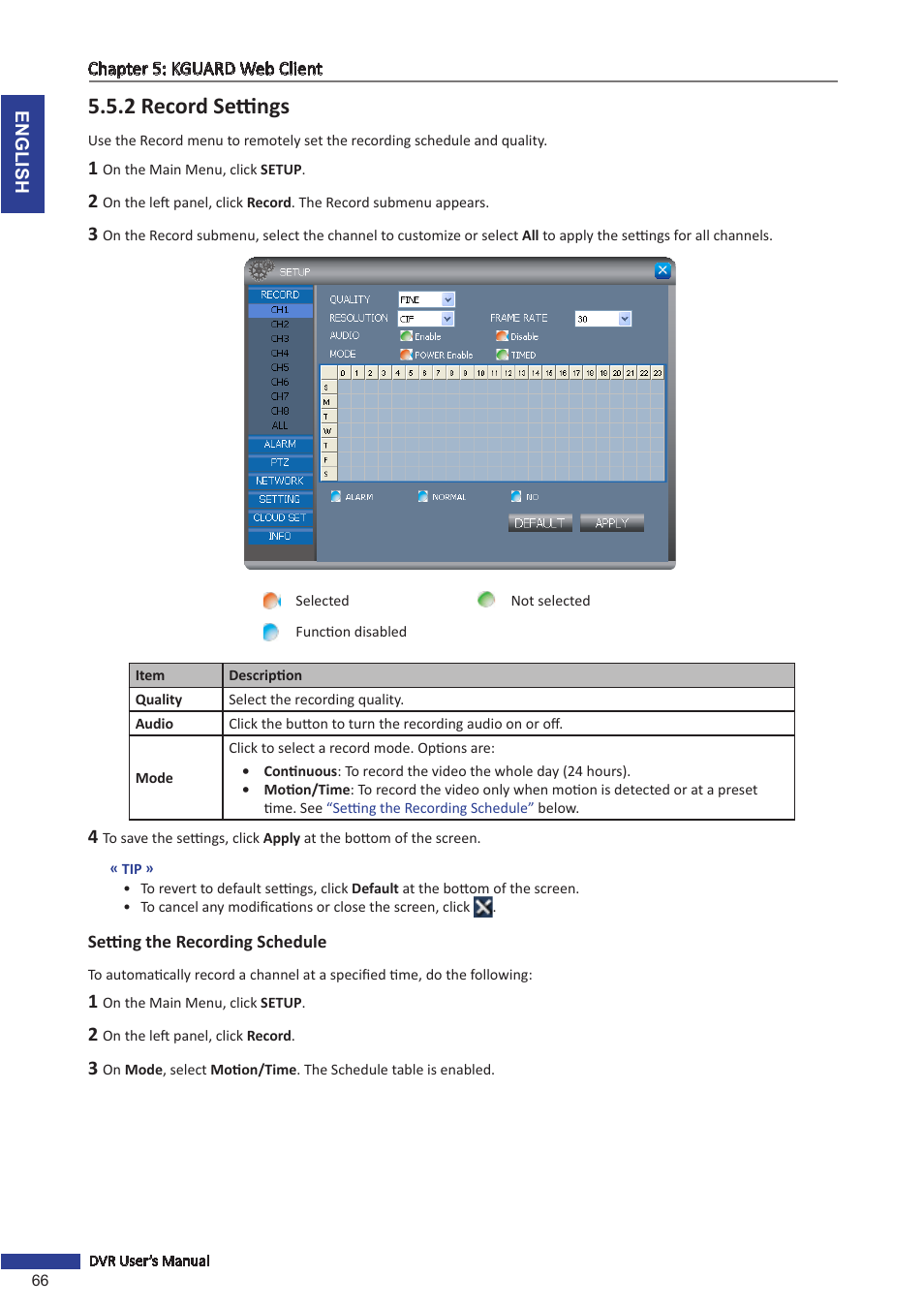 2 record settings, Setting the recording schedule, Tup. see | KGUARD Security TC801 User Manual | Page 66 / 91