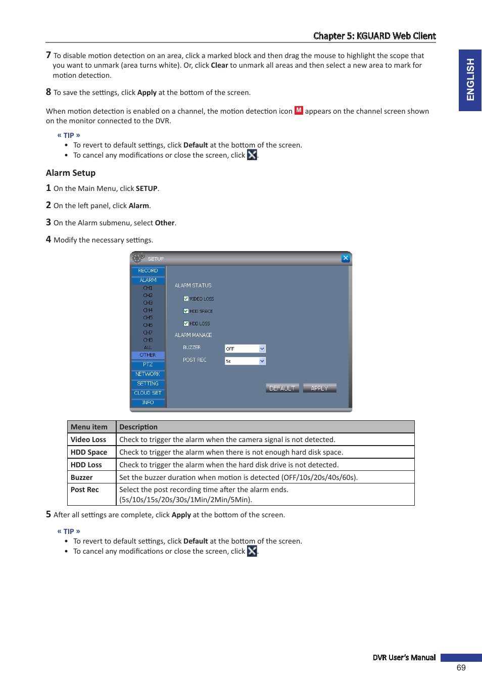 Alarm setup | KGUARD Security TC801 User Manual | Page 69 / 91