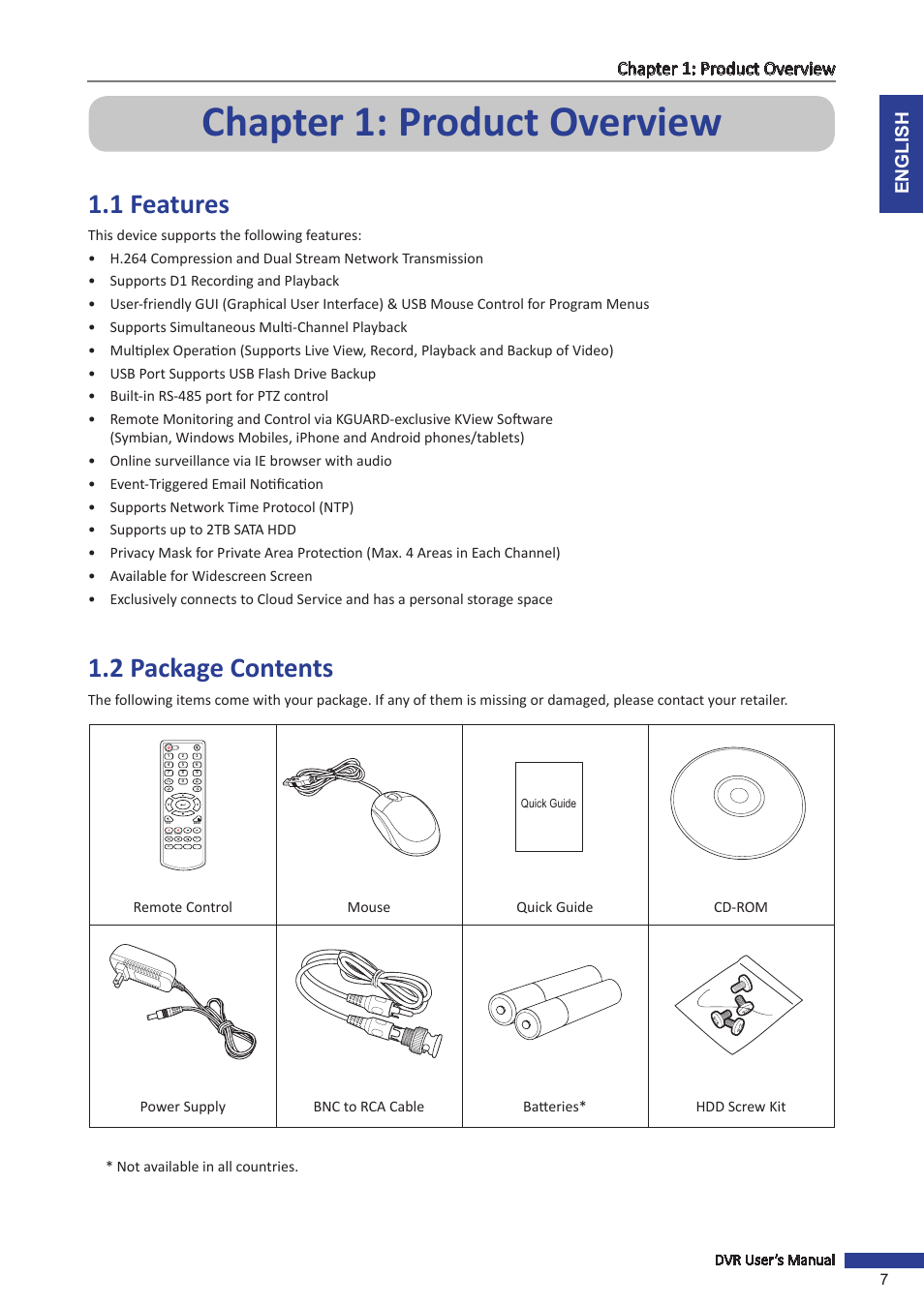Chapter 1: product overview, 1 features, 2 package contents | 1 features 1.2 package contents, English chapter 1: product overview, Dvr user’s manual 7 | KGUARD Security TC801 User Manual | Page 7 / 91