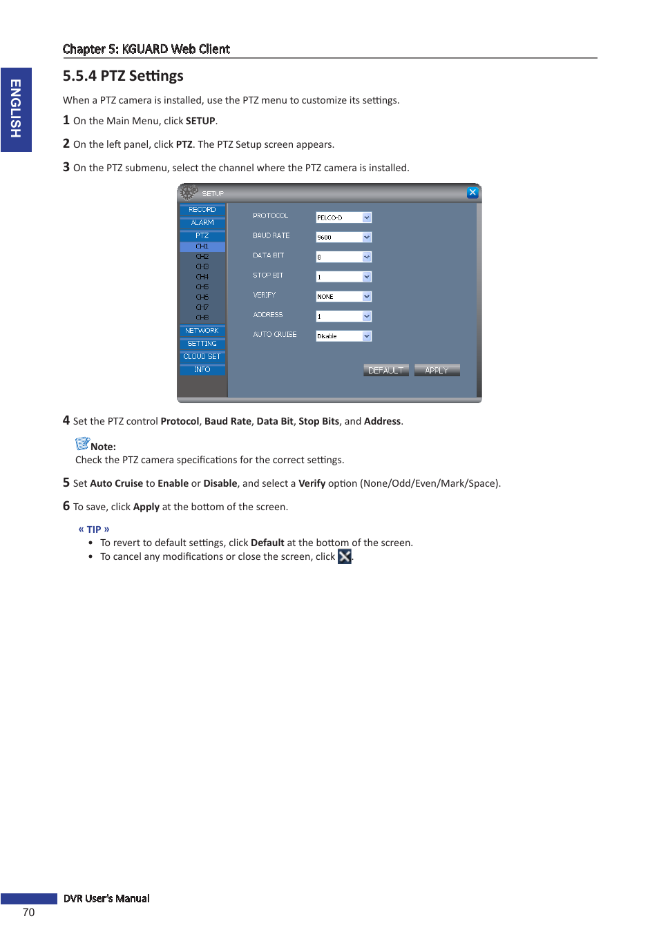 4 ptz settings | KGUARD Security TC801 User Manual | Page 70 / 91