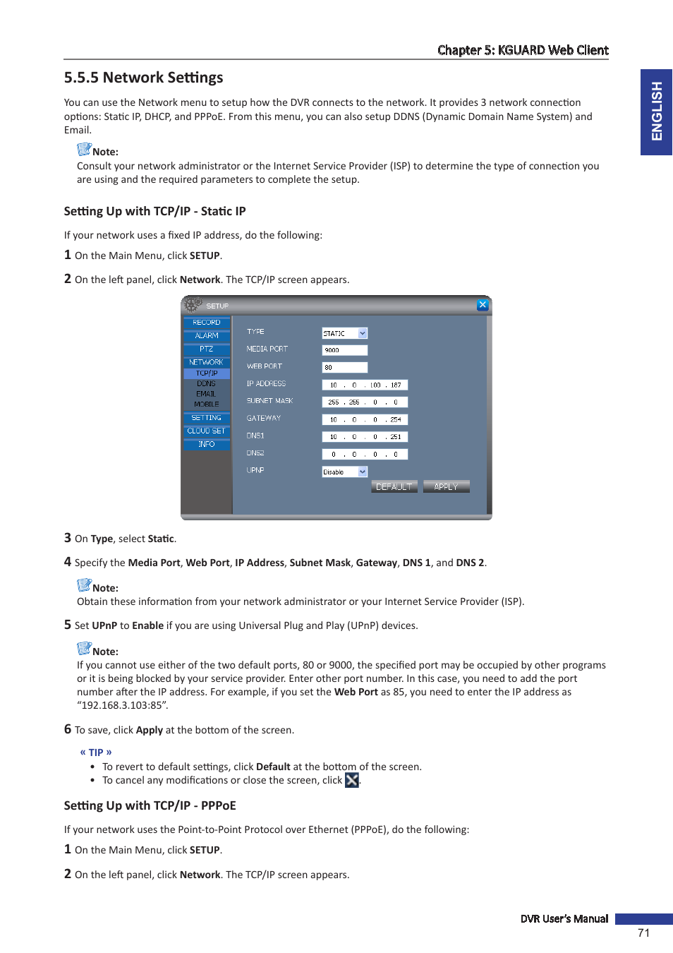 5 network settings, Setting up with tcp/ip - static ip, Setting up with tcp/ip - pppoe | KGUARD Security TC801 User Manual | Page 71 / 91