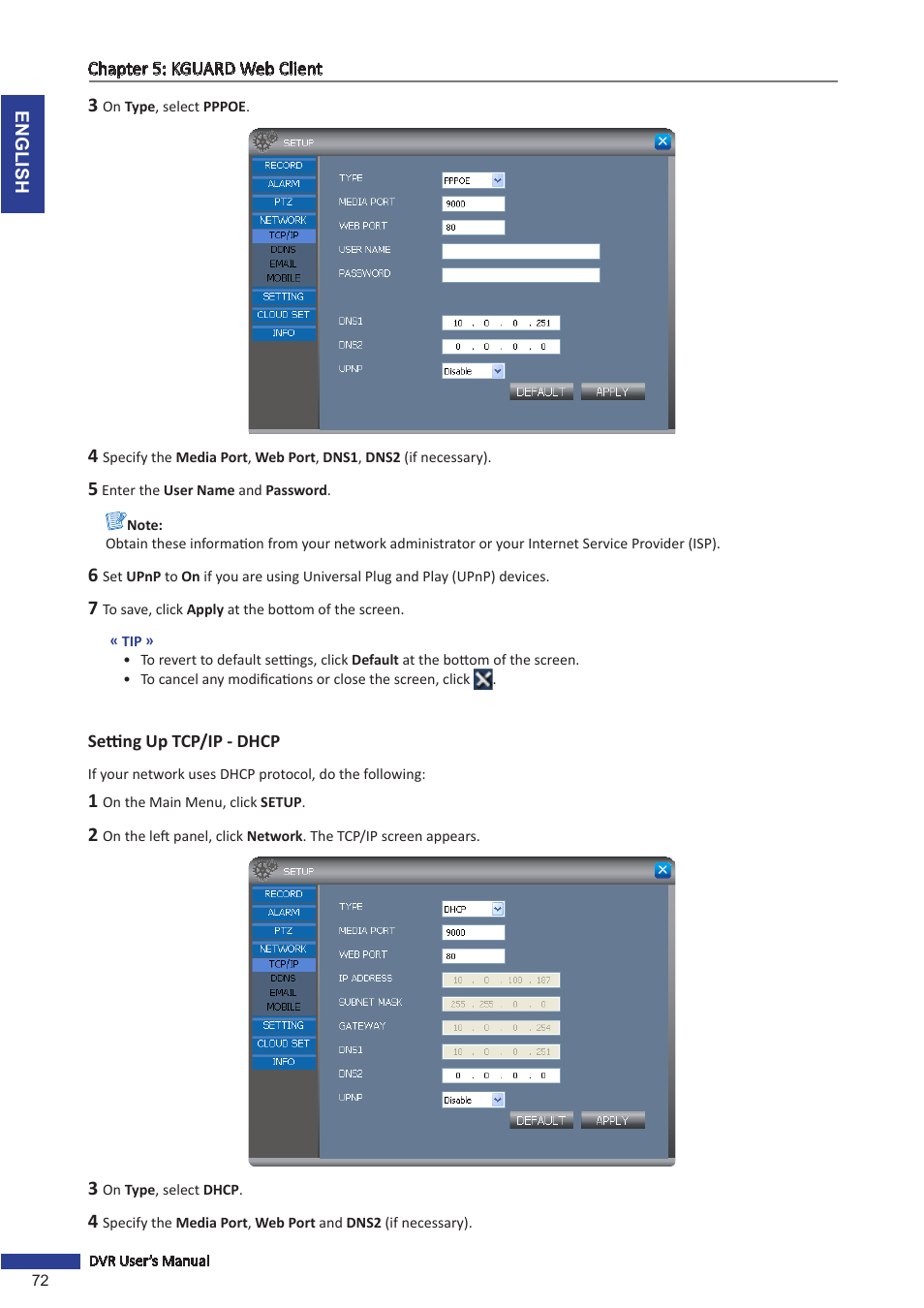 Setting up tcp/ip - dhcp | KGUARD Security TC801 User Manual | Page 72 / 91