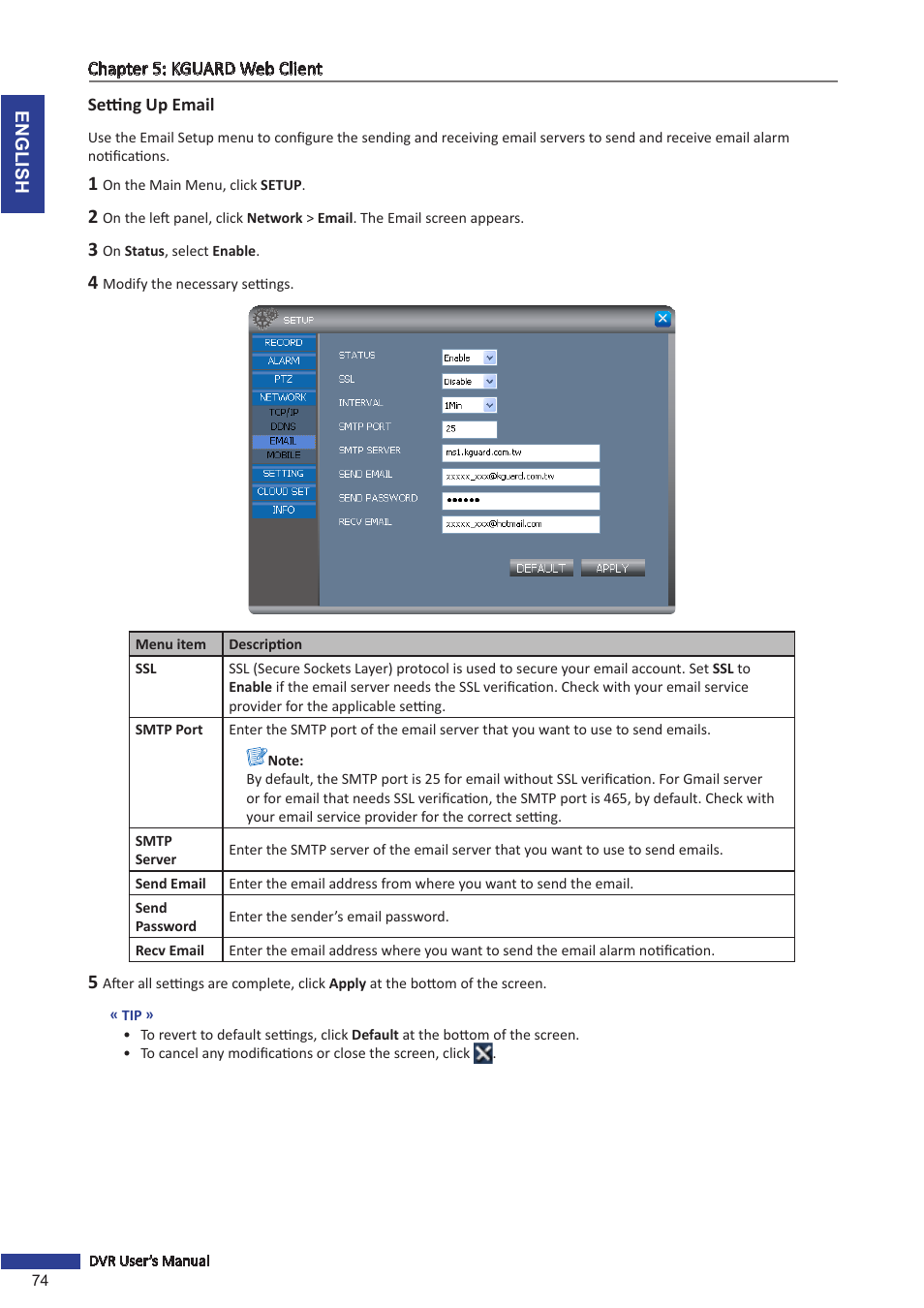 Setting up email | KGUARD Security TC801 User Manual | Page 74 / 91