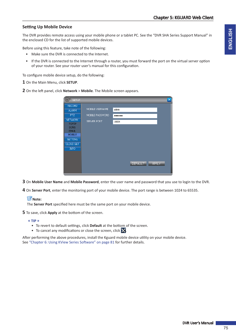 Setting up mobile device | KGUARD Security TC801 User Manual | Page 75 / 91