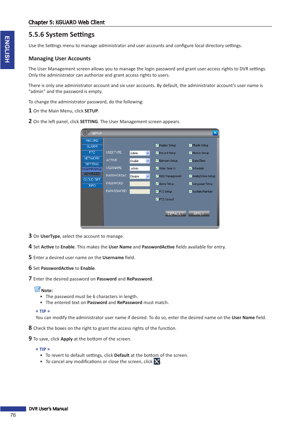 6 system settings, Managing user accounts | KGUARD Security TC801 User Manual | Page 76 / 91