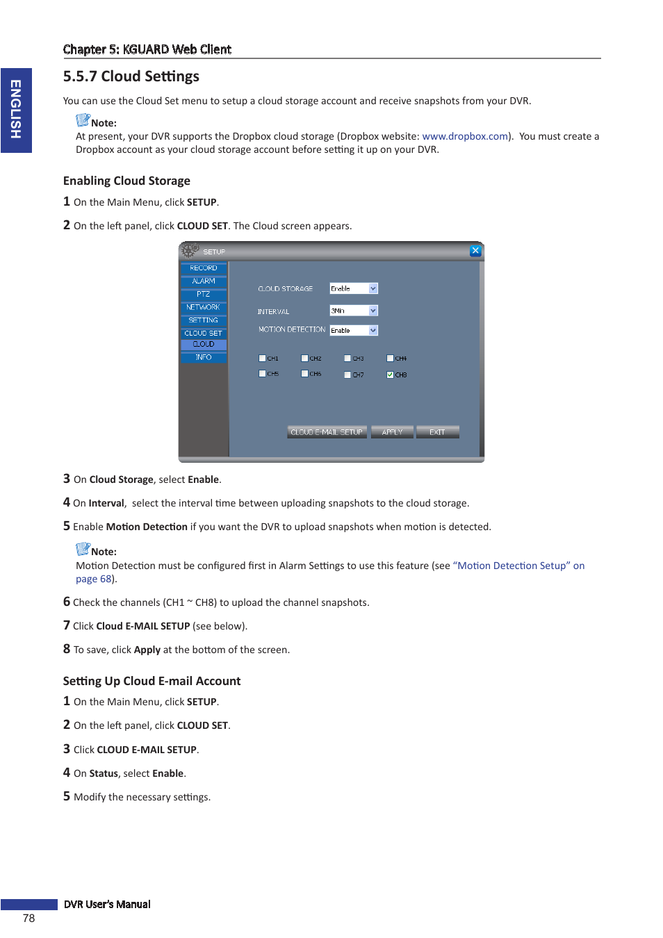7 cloud settings, Enabling cloud storage, Setting up cloud e-mail account | KGUARD Security TC801 User Manual | Page 78 / 91