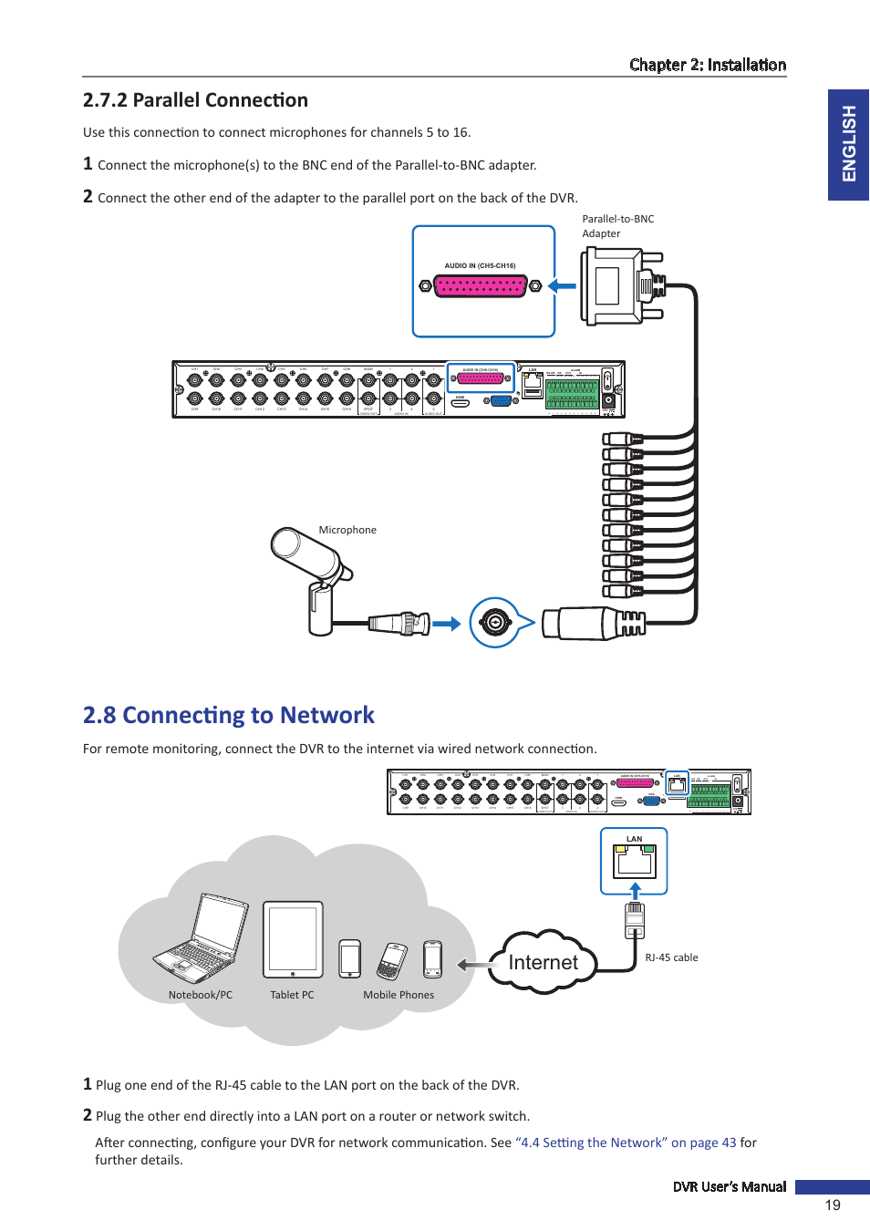 2 parallel connection, 8 connecting to network, Internet | English chapter 2: installation, Dvr user’s manual 19, D+ d | KGUARD Security OT1601 User Manual | Page 19 / 106