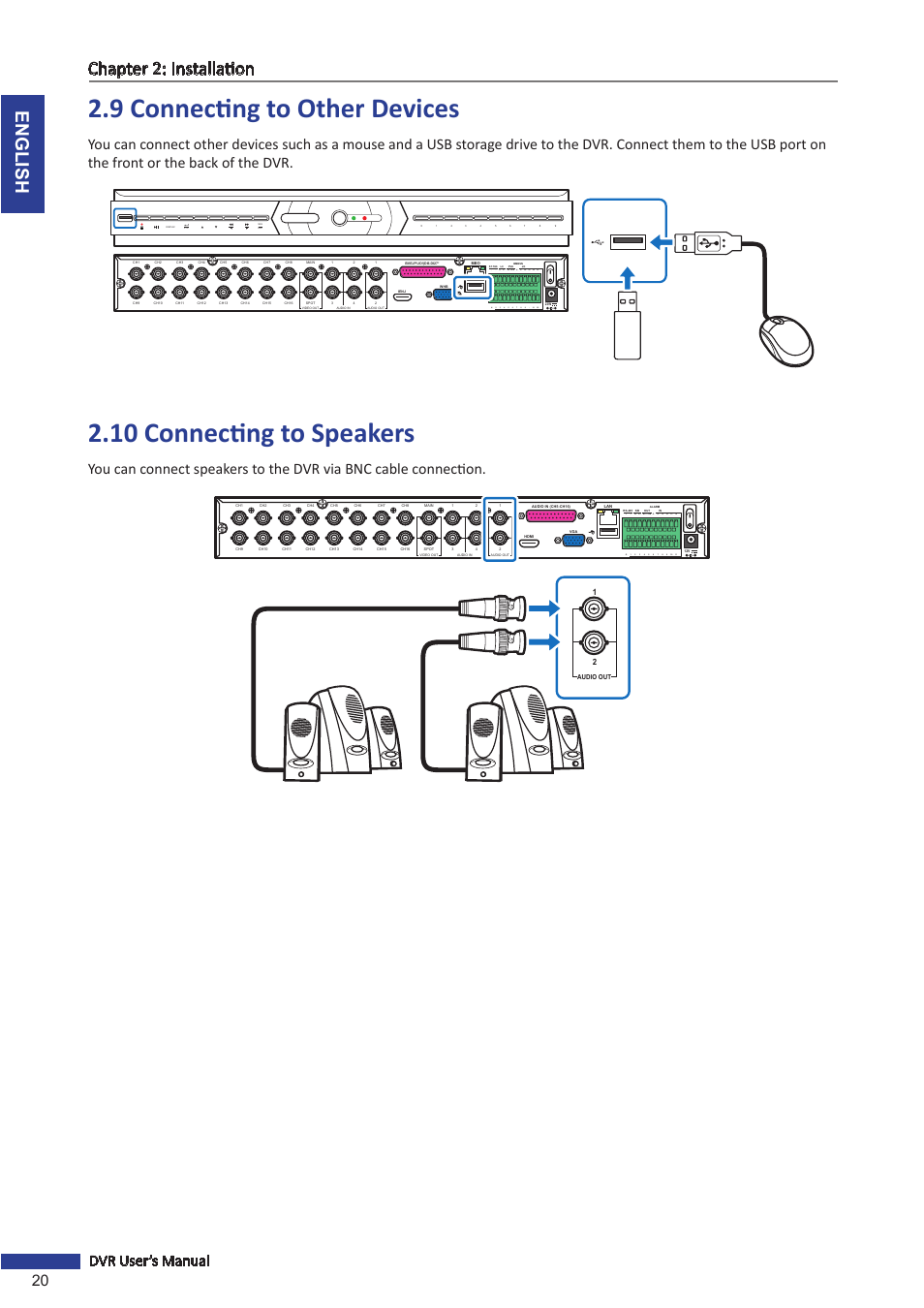 9 connecting to other devices, 10 connecting to speakers, English chapter 2: installation | 20 dvr user’s manual, E, e, D+ d | KGUARD Security OT1601 User Manual | Page 20 / 106
