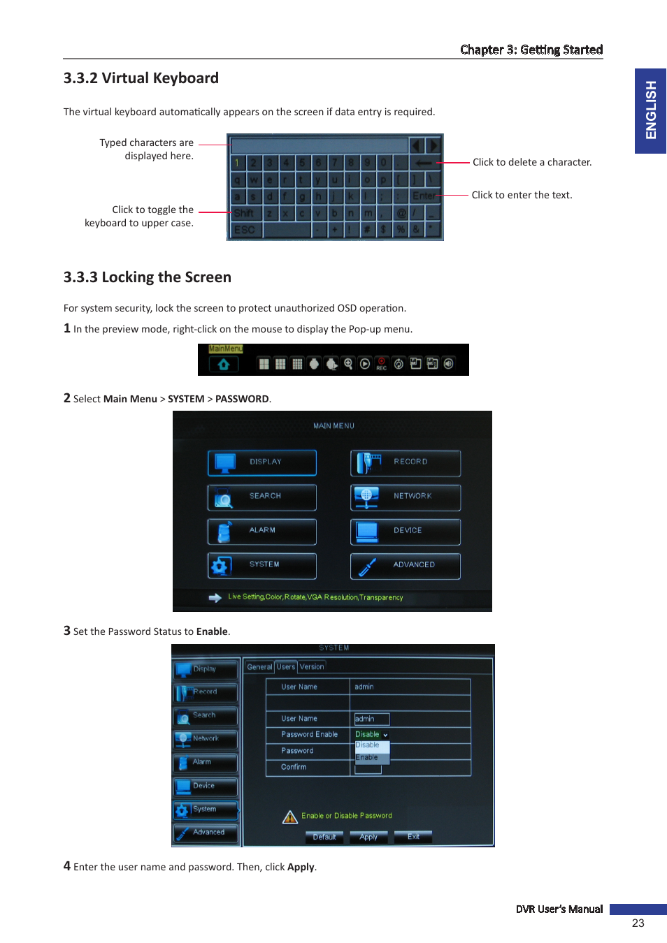 2 virtual keyboard, 3 locking the screen, 2 virtual keyboard 3.3.3 locking the screen | KGUARD Security OT1601 User Manual | Page 23 / 106