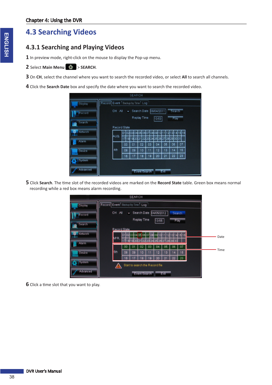 3 searching videos, 1 searching and playing videos | KGUARD Security OT1601 User Manual | Page 38 / 106