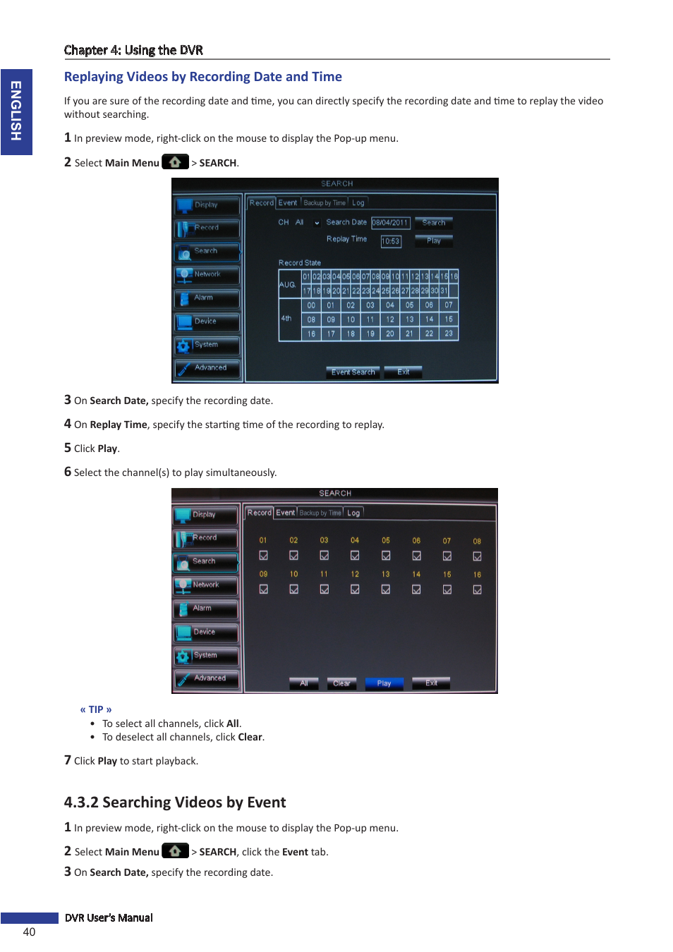 Replaying videos by recording date and time, 2 searching videos by event | KGUARD Security OT1601 User Manual | Page 40 / 106