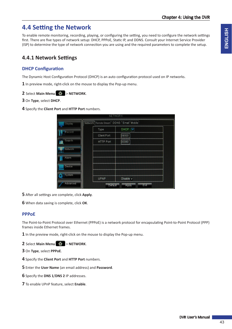 4 setting the network, 1 network settings, Dhcp configuration | Pppoe, Dhcp configuration pppoe | KGUARD Security OT1601 User Manual | Page 43 / 106