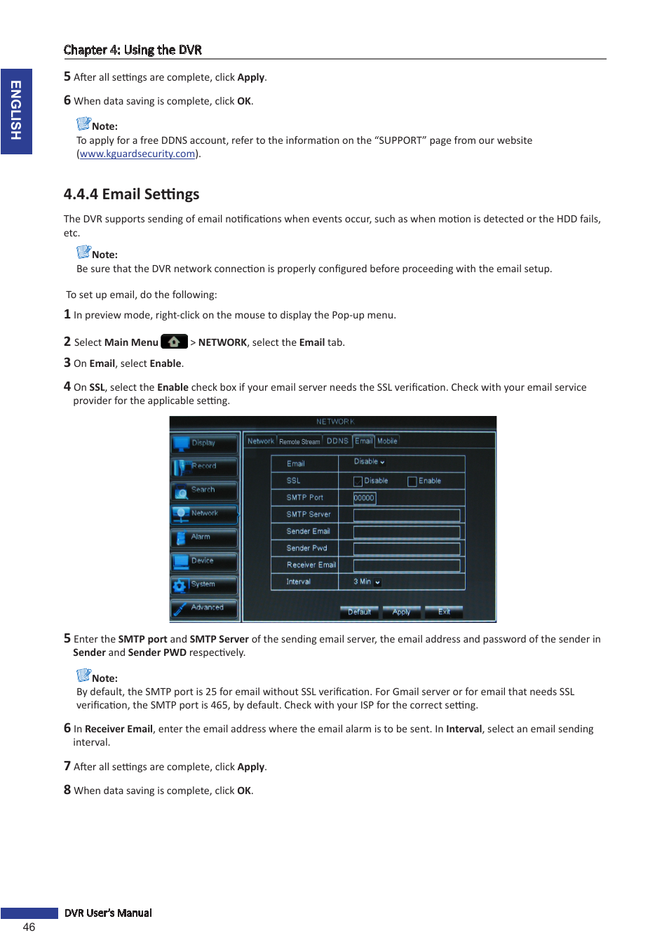 4 email settings | KGUARD Security OT1601 User Manual | Page 46 / 106