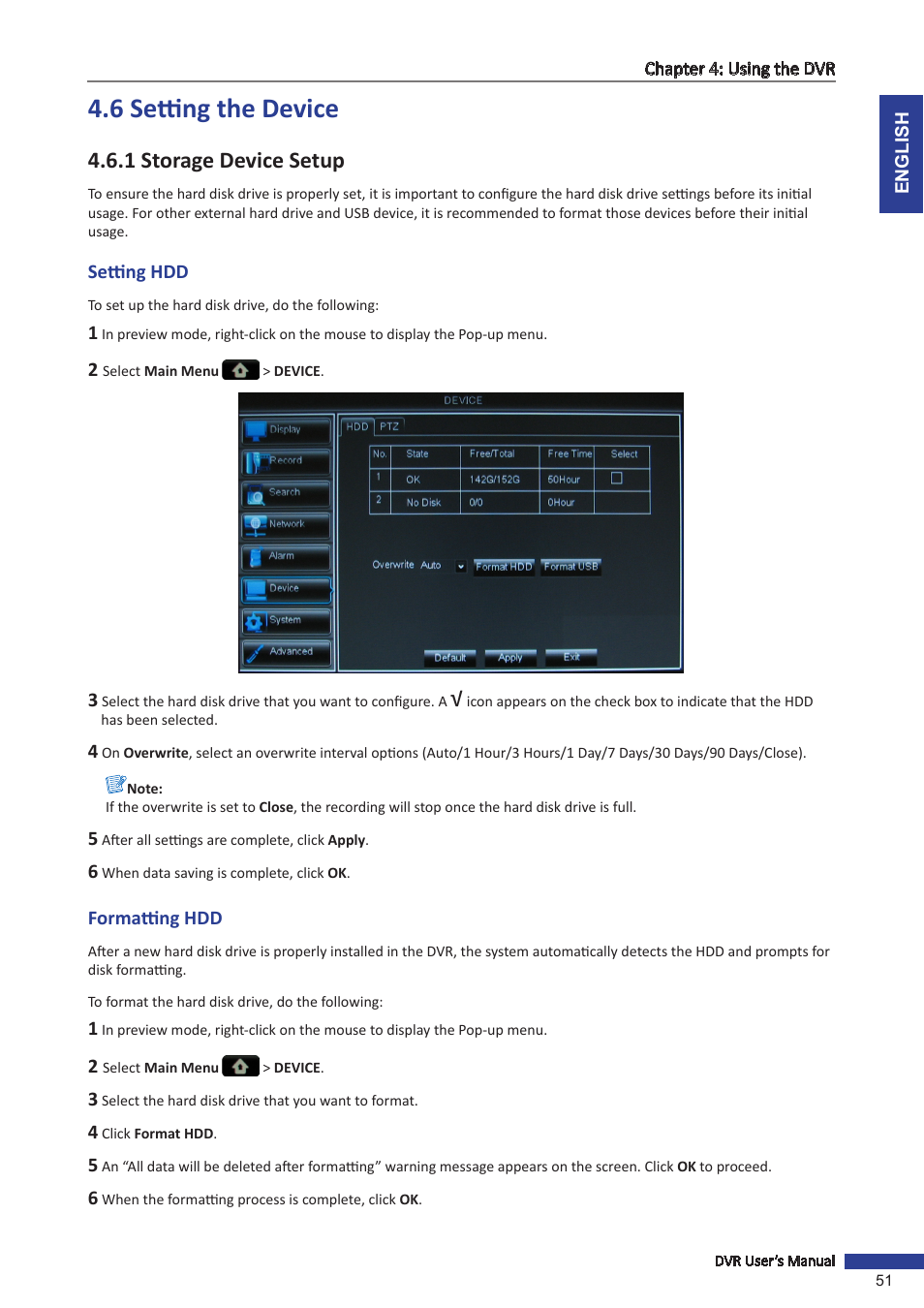 6 setting the device, 1 storage device setup, Setting hdd | Formatting hdd, Setting hdd formatting hdd | KGUARD Security OT1601 User Manual | Page 51 / 106