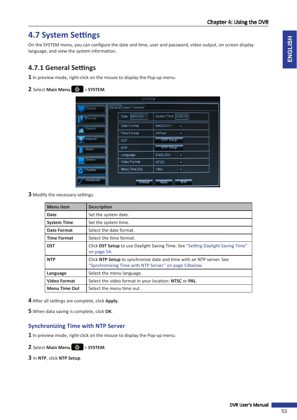 7 system settings, 1 general settings, Synchronizing time with ntp server | KGUARD Security OT1601 User Manual | Page 53 / 106