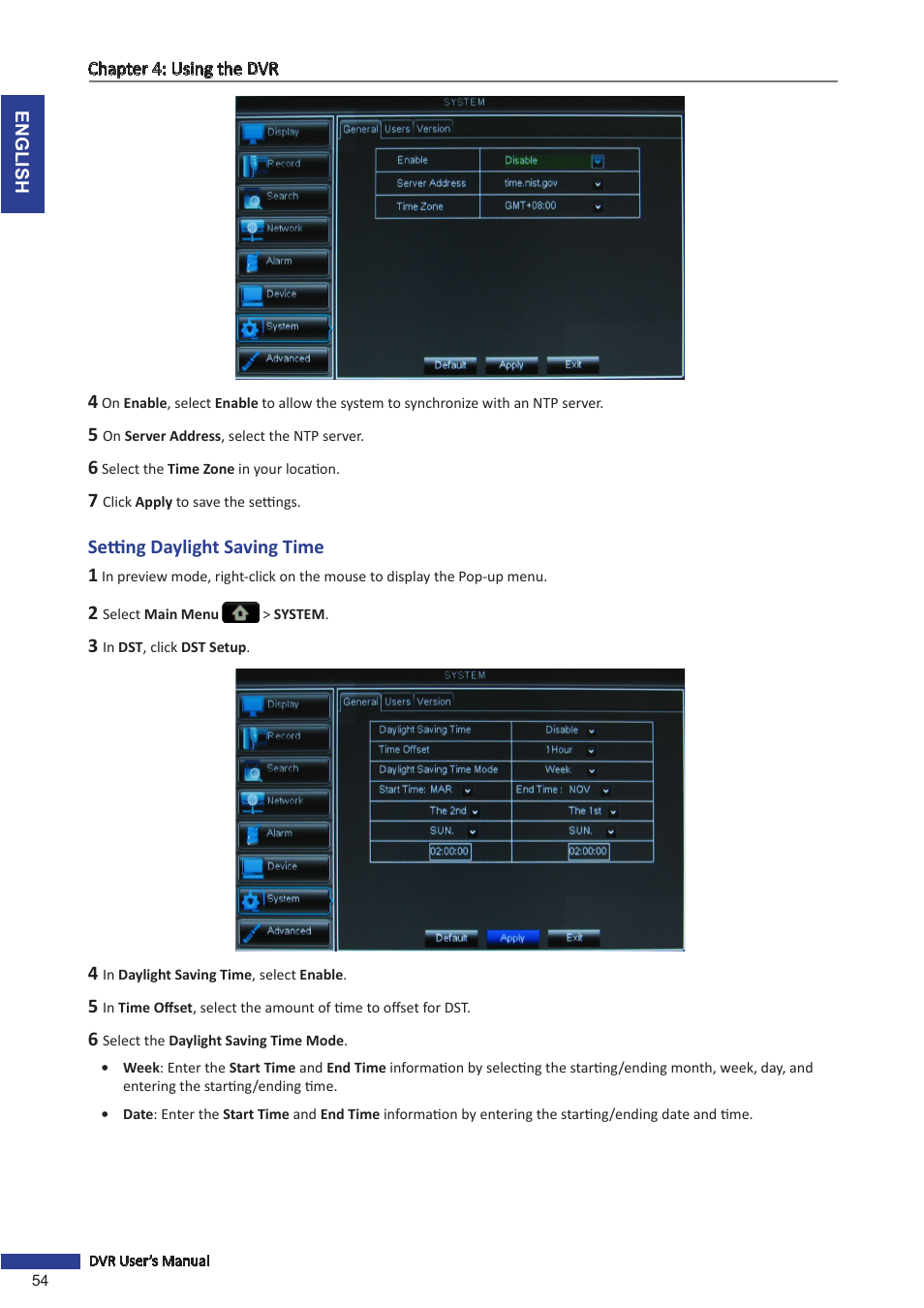 Setting daylight saving time | KGUARD Security OT1601 User Manual | Page 54 / 106