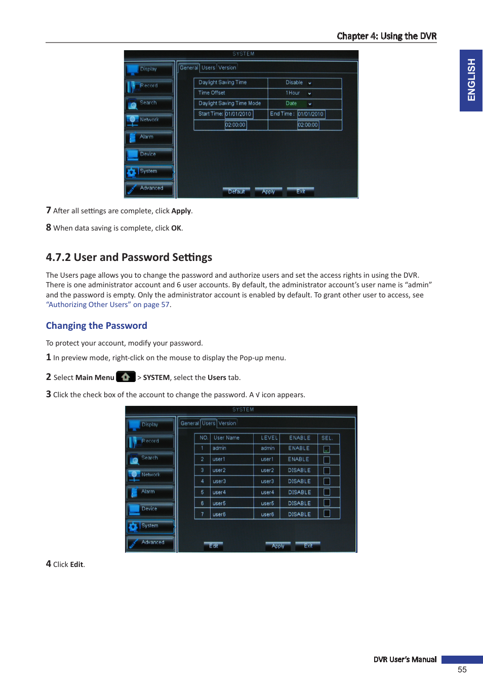 2 user and password settings, Changing the password | KGUARD Security OT1601 User Manual | Page 55 / 106