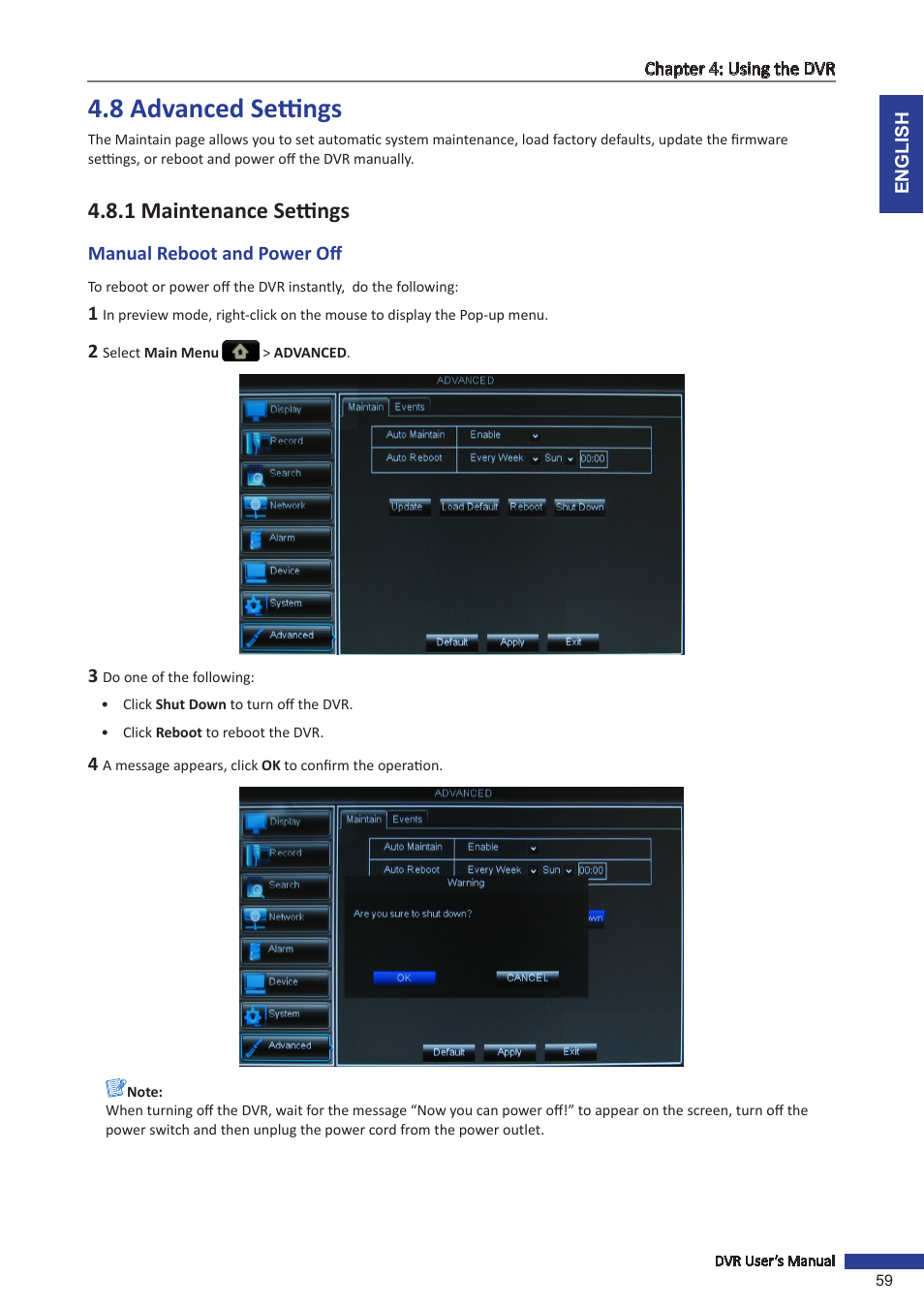 8 advanced settings, 1 maintenance settings, Manual reboot and power off | KGUARD Security OT1601 User Manual | Page 59 / 106
