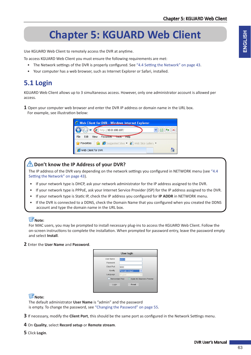 Chapter 5: kguard web client, 1 login | KGUARD Security OT1601 User Manual | Page 63 / 106