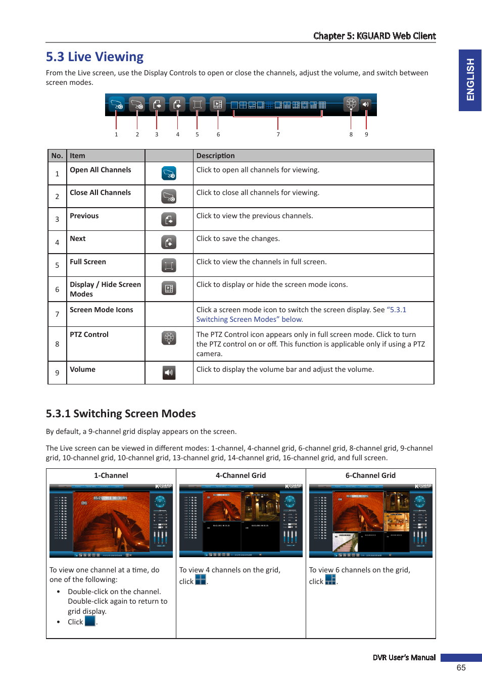 3 live viewing, 1 switching screen modes | KGUARD Security OT1601 User Manual | Page 65 / 106