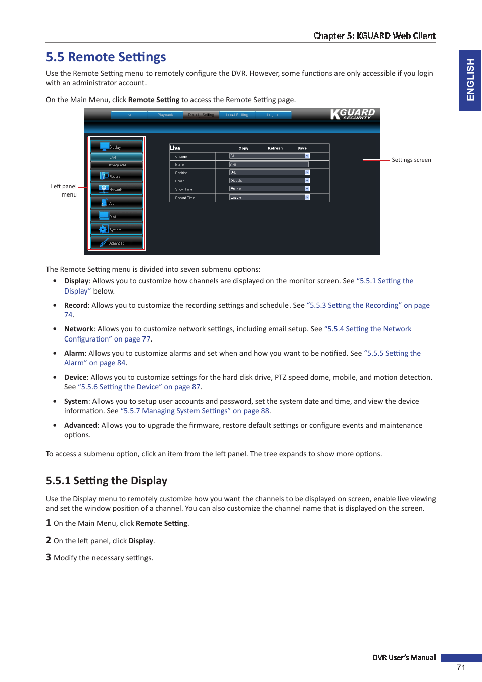 5 remote settings, 1 setting the display, 5 remote | KGUARD Security OT1601 User Manual | Page 71 / 106