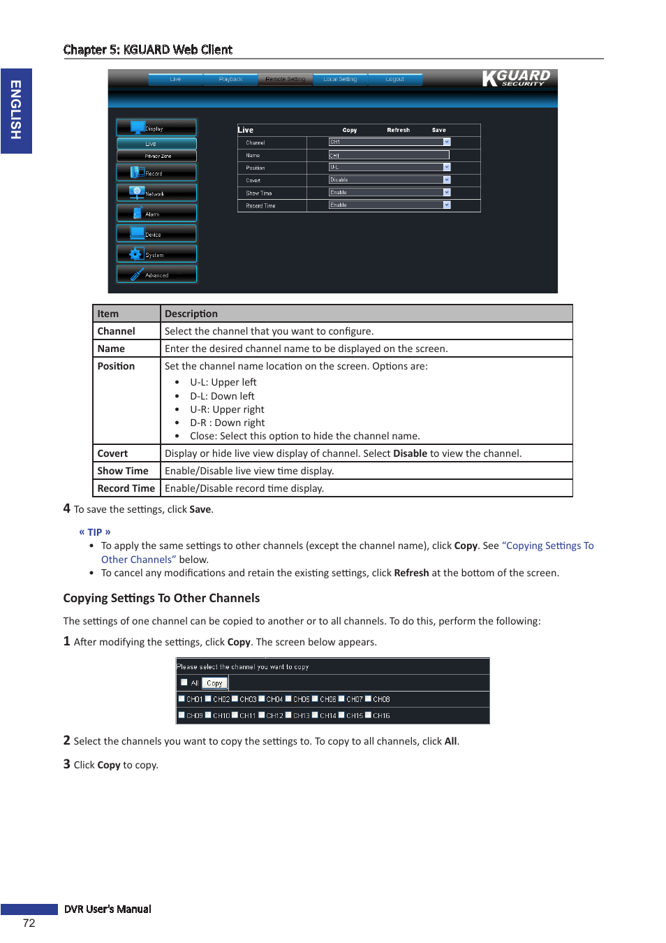 Copying settings to other channels | KGUARD Security OT1601 User Manual | Page 72 / 106