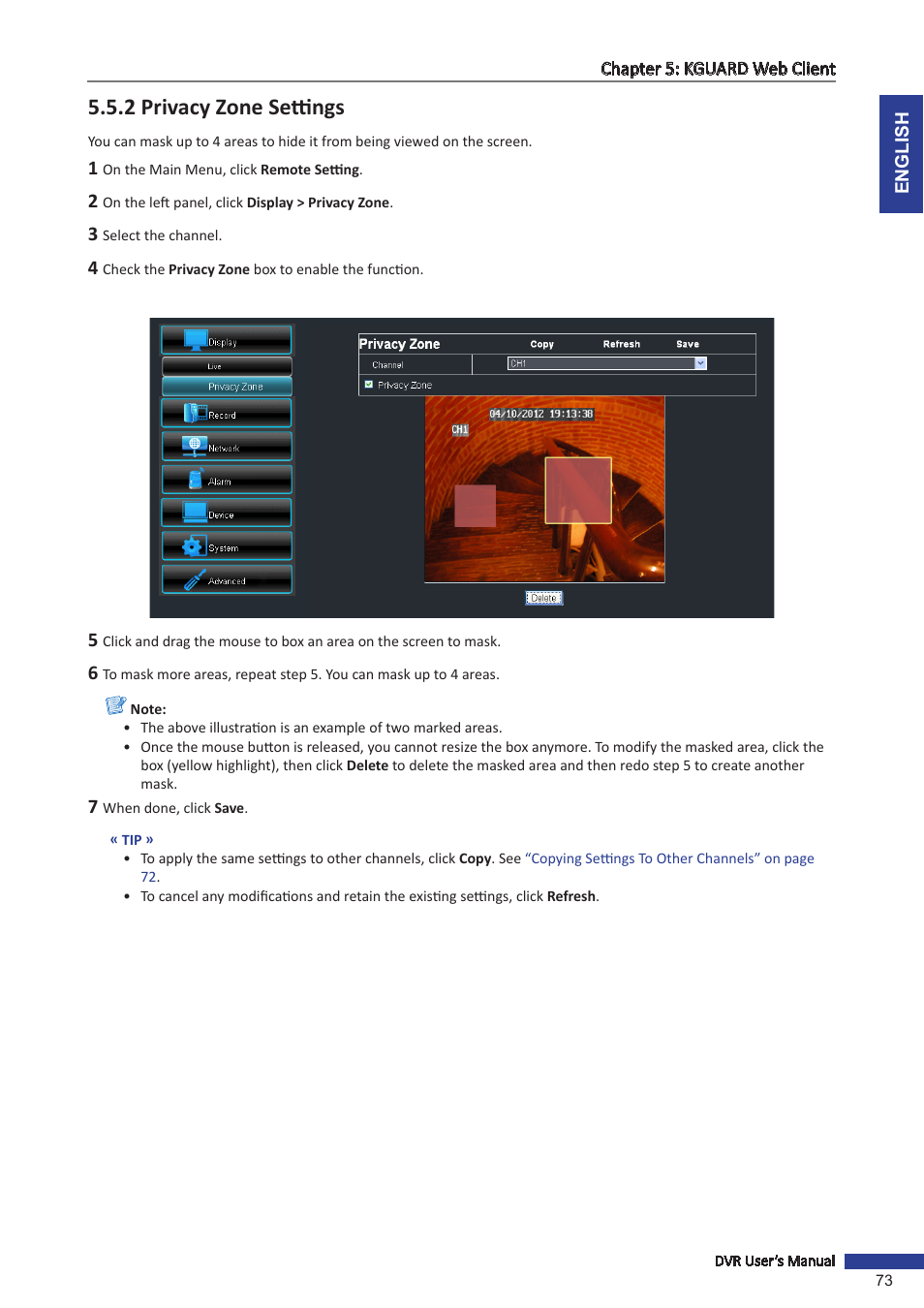 2 privacy zone settings | KGUARD Security OT1601 User Manual | Page 73 / 106