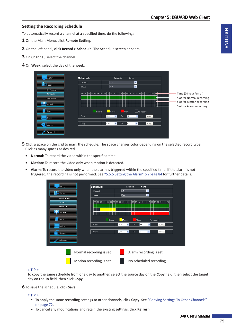 Setting the recording schedule | KGUARD Security OT1601 User Manual | Page 75 / 106