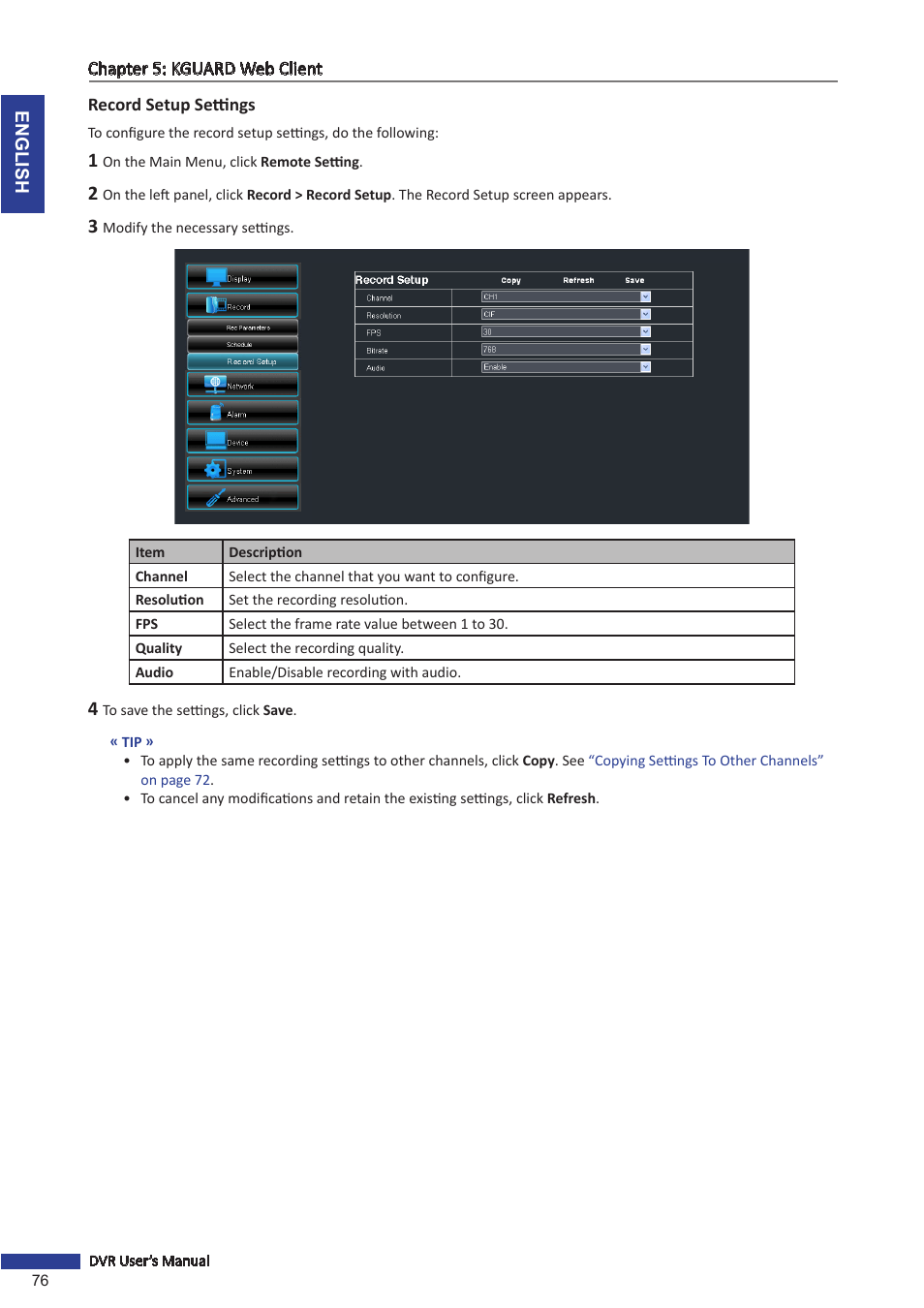 Record setup settings | KGUARD Security OT1601 User Manual | Page 76 / 106