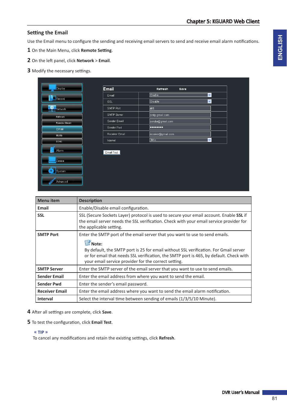 Setting the email | KGUARD Security OT1601 User Manual | Page 81 / 106