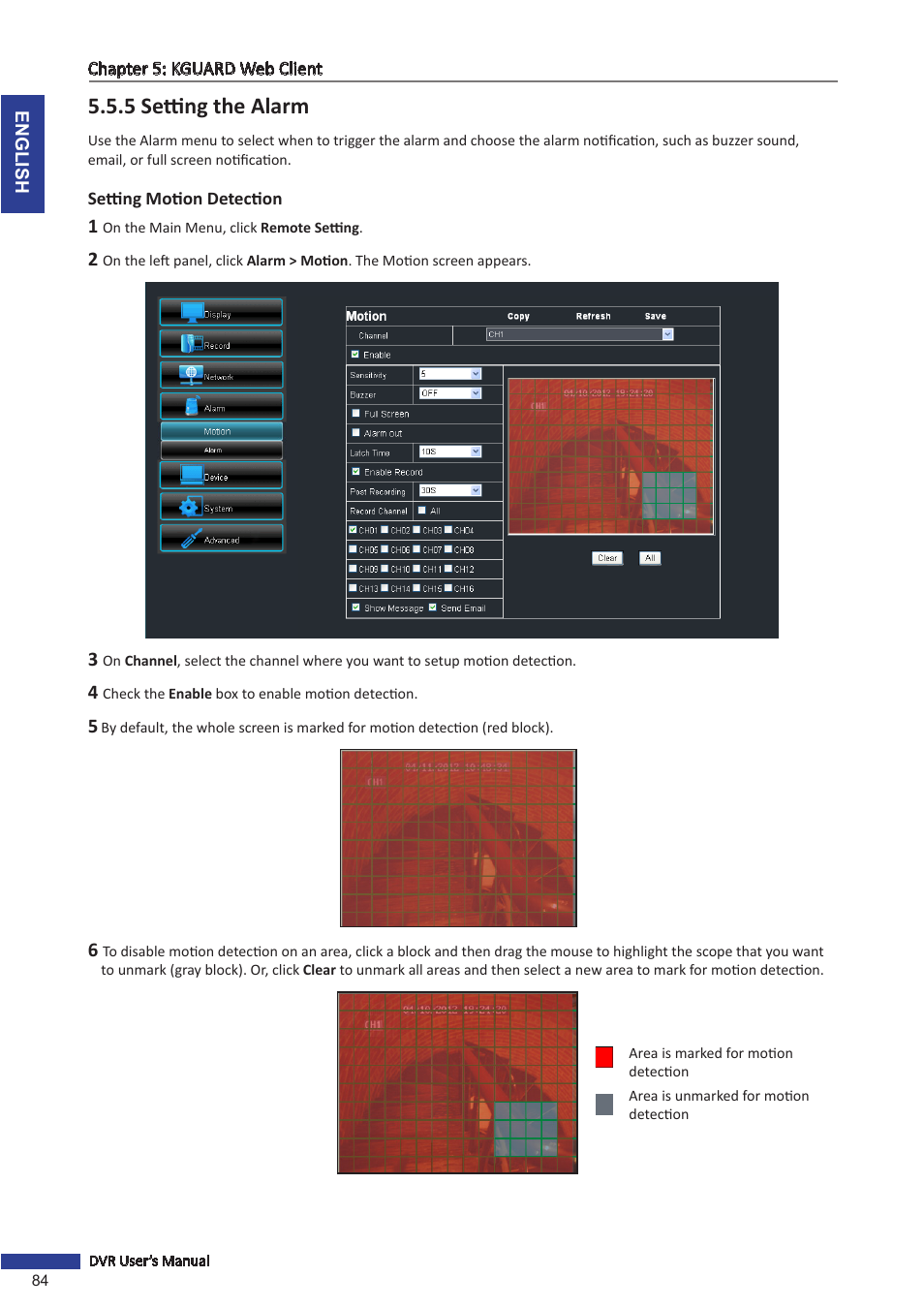 5 setting the alarm, Setting motion detection, 5 setting the | Ormed. see | KGUARD Security OT1601 User Manual | Page 84 / 106