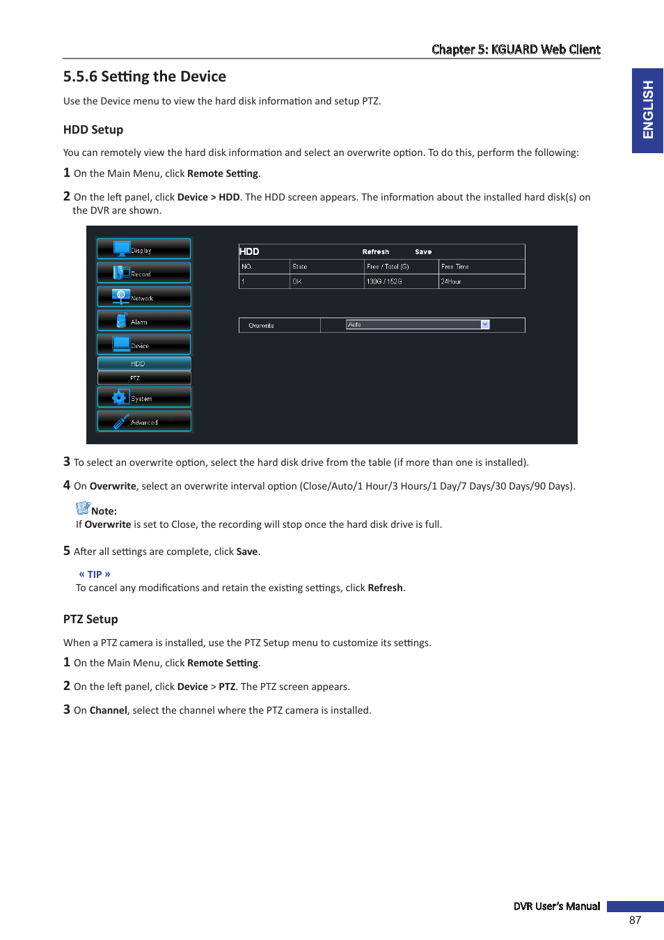 6 setting the device, Hdd setup, Ptz setup | Hdd setup ptz setup | KGUARD Security OT1601 User Manual | Page 87 / 106