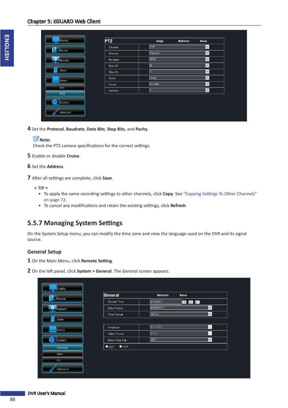 7 managing system settings, General setup | KGUARD Security OT1601 User Manual | Page 88 / 106