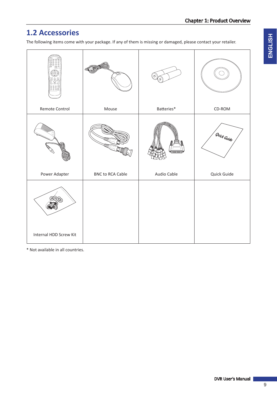 2 accessories, English chapter 1: product overview, Dvr user’s manual 9 | Remote control mouse batteries* cd-rom, Quick guide, Rec search, Stop play fwd rew pause /frame slow, Zoom focus iris z _ f _ i, Z+ f+ i | KGUARD Security OT1601 User Manual | Page 9 / 106