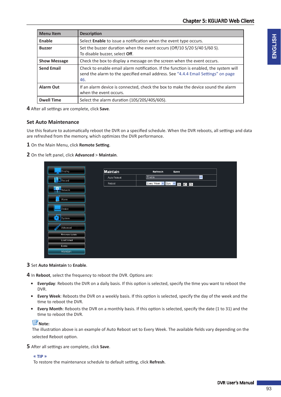 Set auto maintenance | KGUARD Security OT1601 User Manual | Page 93 / 106