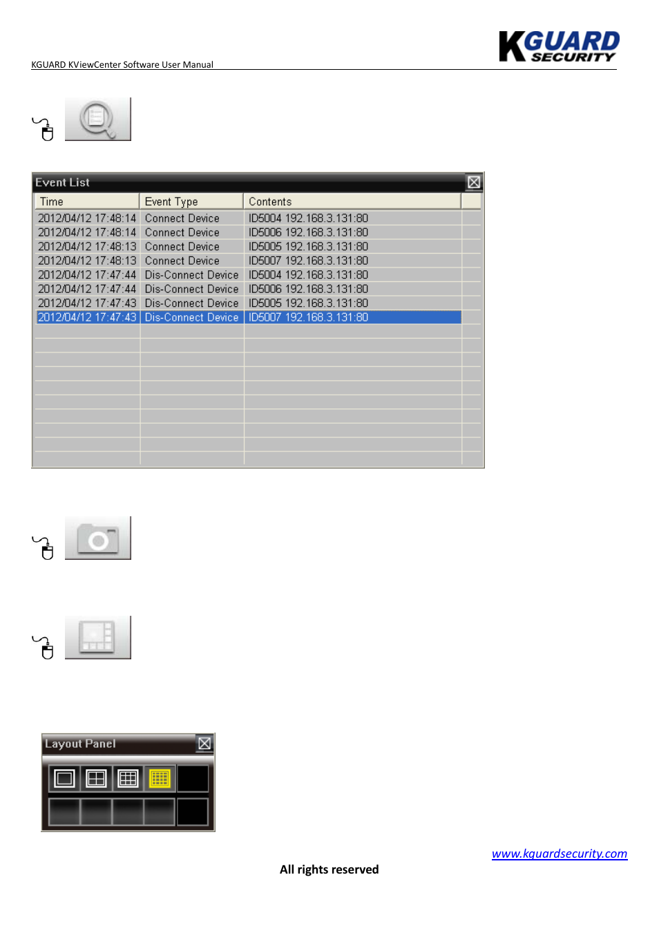 Event list, Live snapshot, Layout | KGUARD Security KViewCenter User Manual | Page 42 / 44