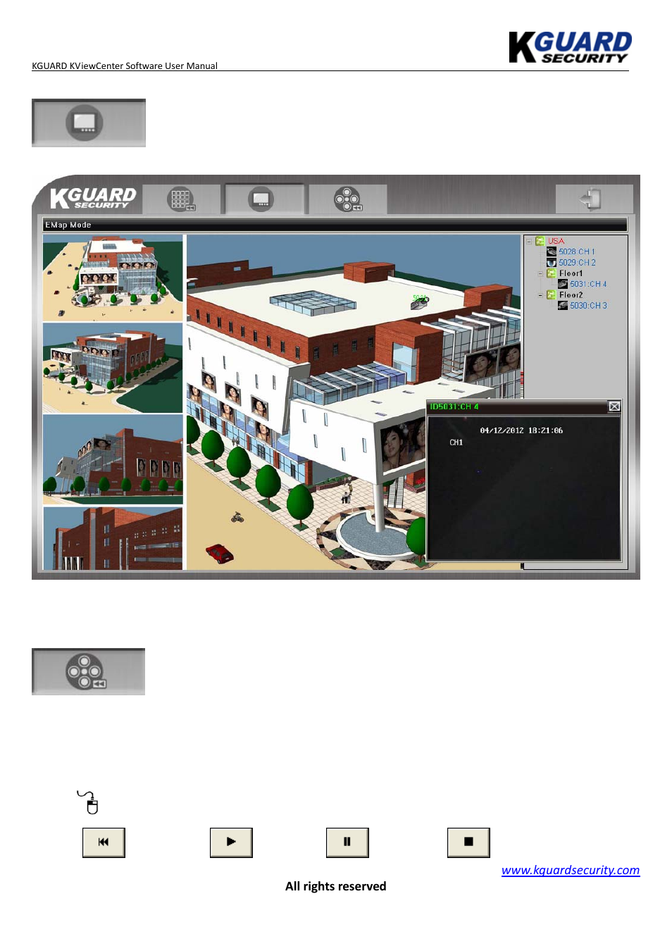 Remote e-map mode, Remote playback mode | KGUARD Security KViewCenter User Manual | Page 43 / 44