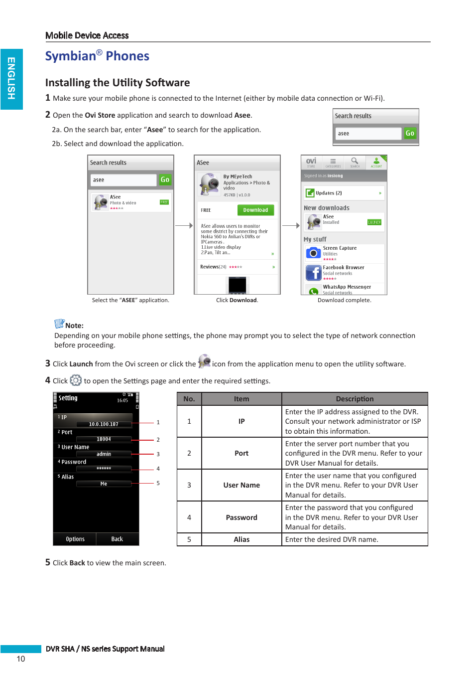 Symbian® phones, Symbian, Phones | Installing the utility software | KGUARD Security BRseriesDVR(1) User Manual | Page 10 / 21