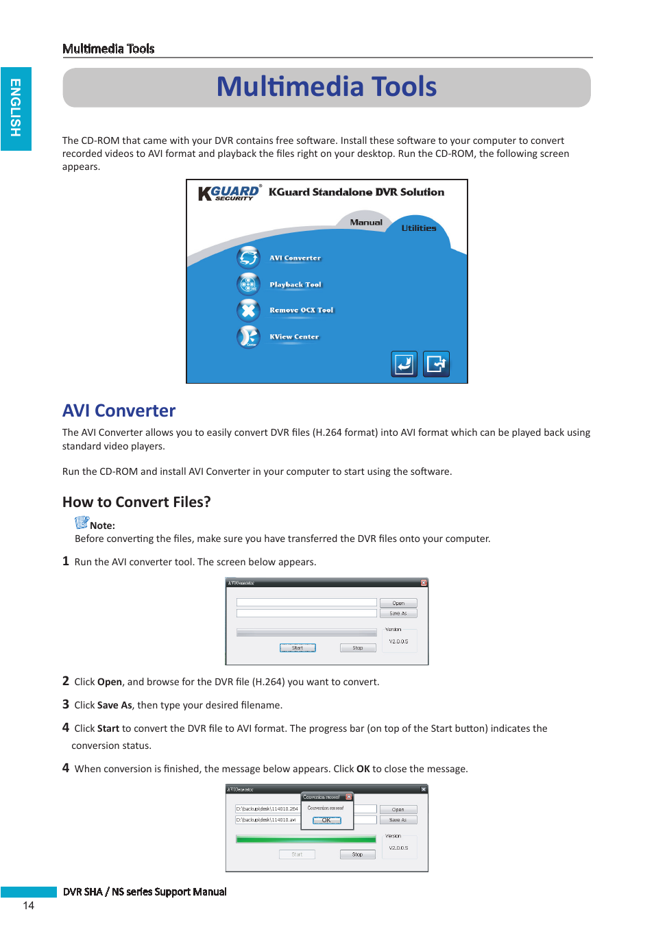 Multimedia tools, Avi converter, How to convert files | KGUARD Security BRseriesDVR(1) User Manual | Page 14 / 21