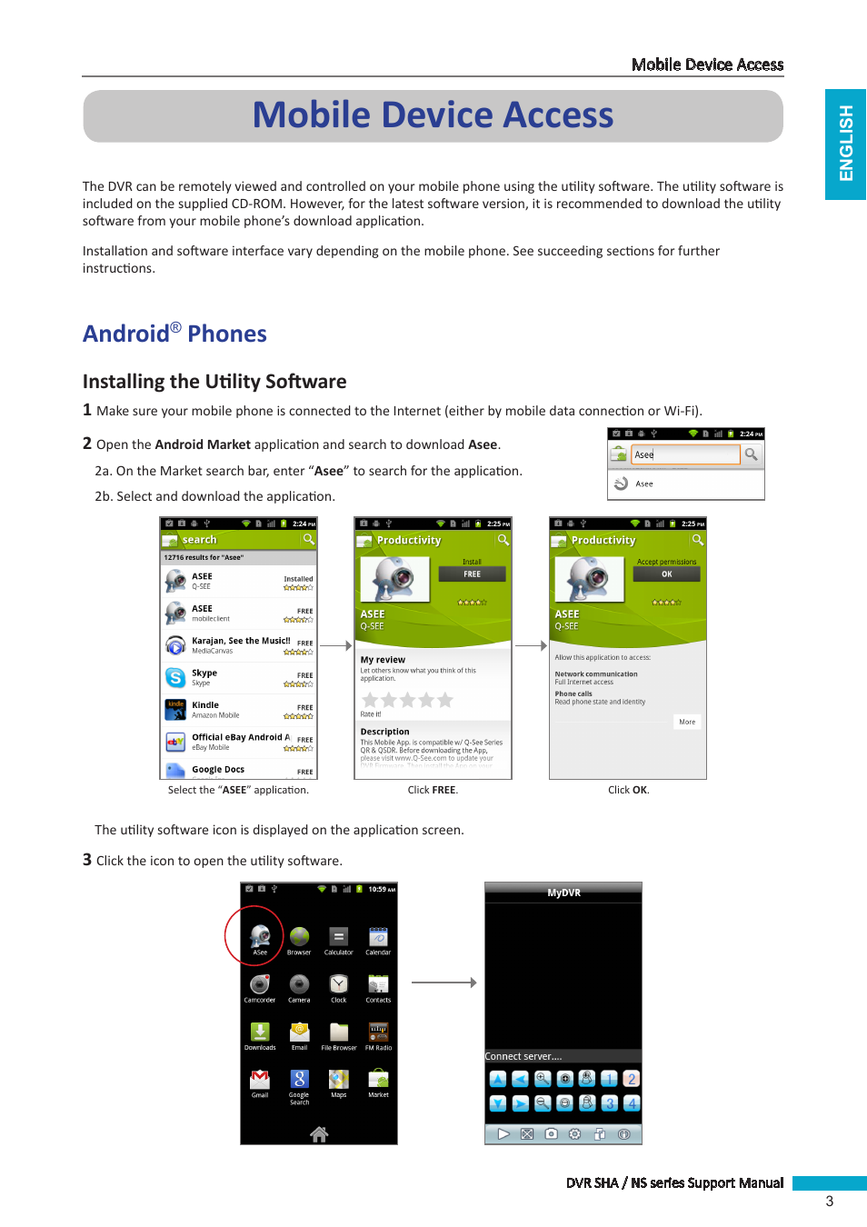 Mobile device access, Android® phones, Android | Phones, Installing the utility software | KGUARD Security BRseriesDVR(1) User Manual | Page 3 / 21