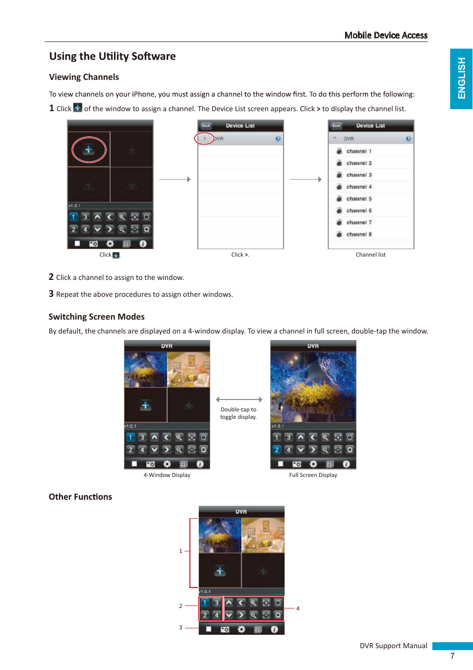 English mobile device access, Viewing channels, Switching screen modes | KGUARD Security BRseriesDVR(2) User Manual | Page 7 / 20