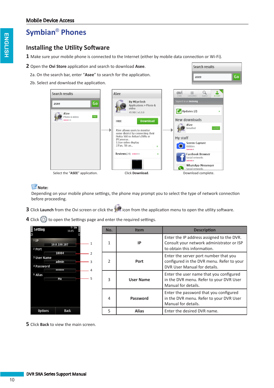 Symbian® phones, Symbian, Phones | Installing the utility software | KGUARD Security SHAV2 seriesDVR User Manual | Page 10 / 16