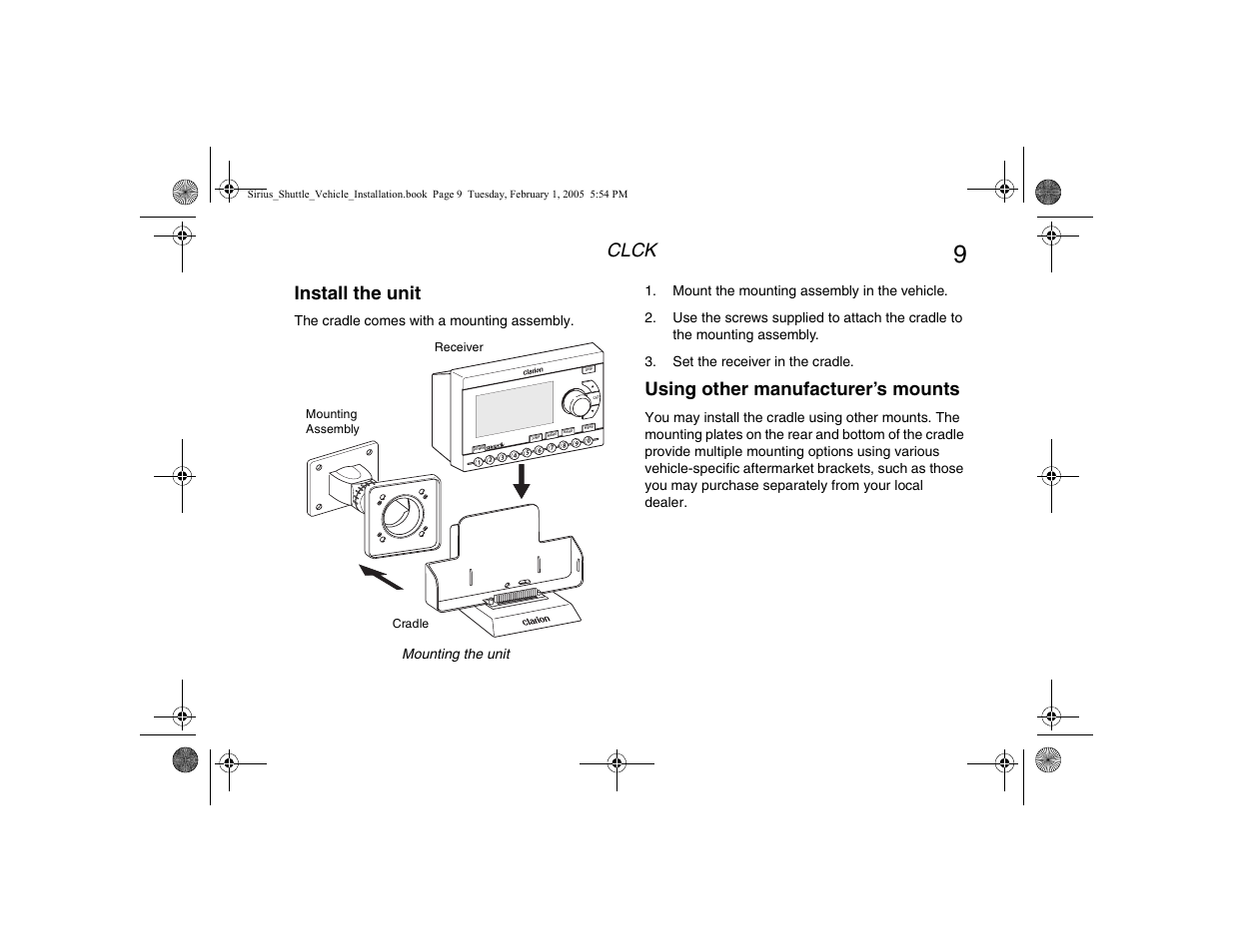Install the unit, Using other manufacturer’s mounts, Install the unit using other manufacturer’s mounts | Clck | Clarion Sattelite Radio User Manual | Page 11 / 20