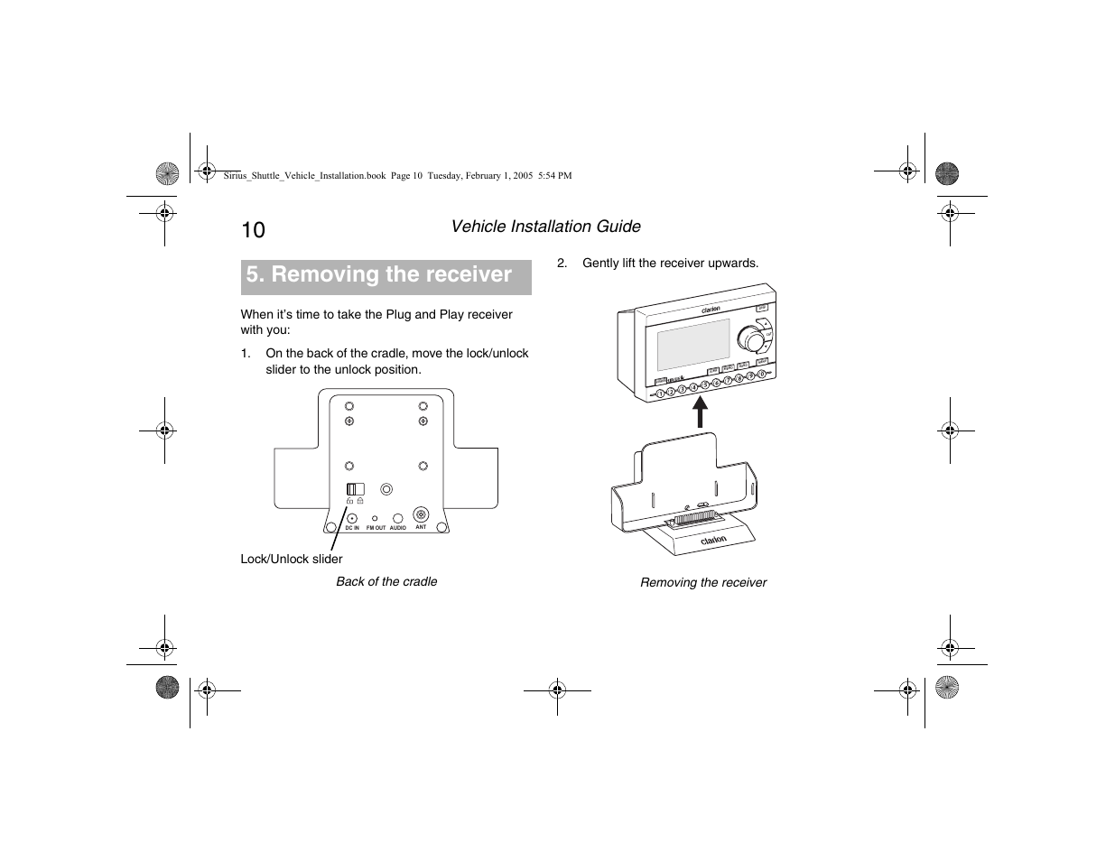 Removing the receiver, Vehicle installation guide | Clarion Sattelite Radio User Manual | Page 12 / 20