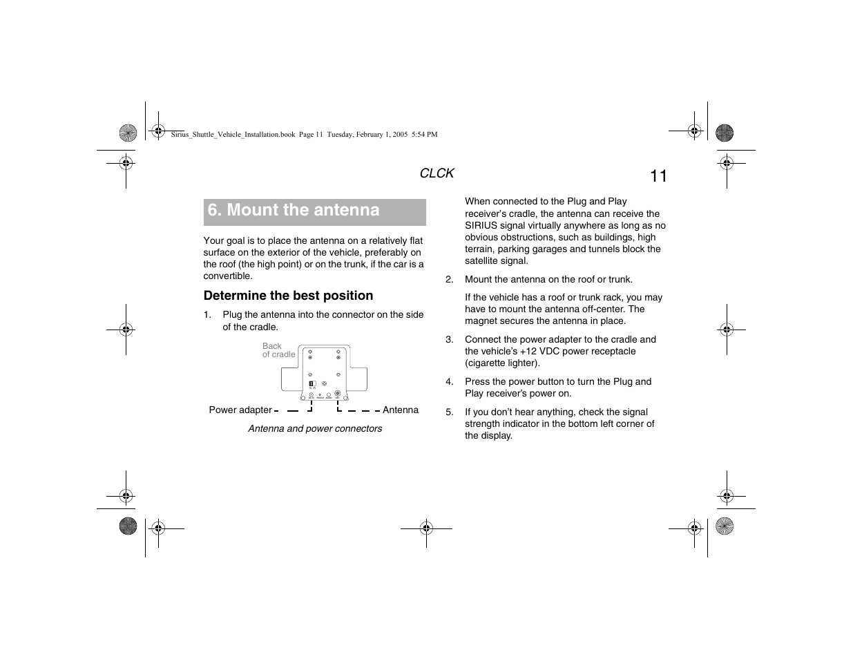 Mount the antenna, Determine the best position, Clck | Clarion Sattelite Radio User Manual | Page 13 / 20