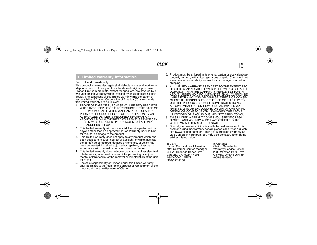 Limited warranty information, Clck | Clarion Sattelite Radio User Manual | Page 17 / 20