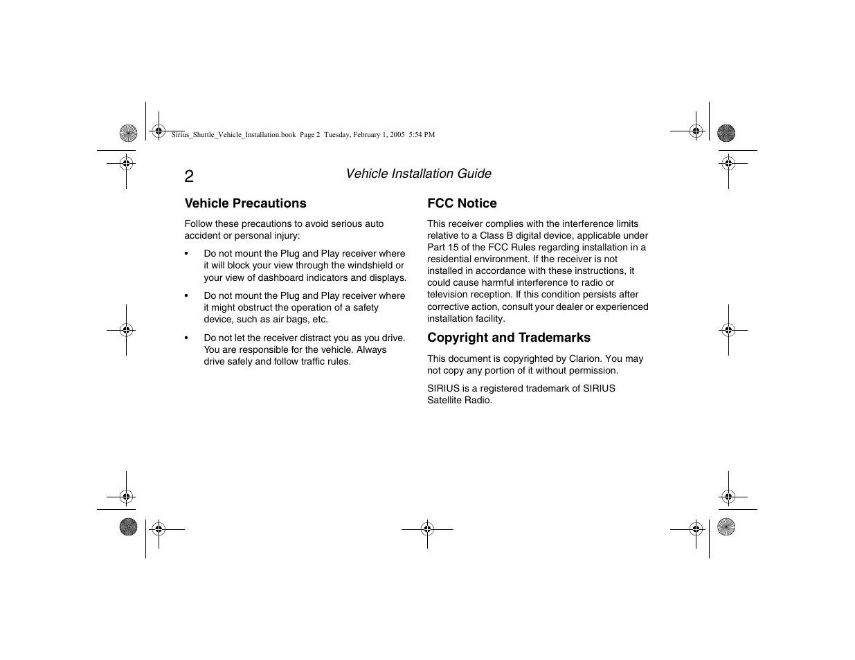 Vehicle precautions, Fcc notice, Copyright and trademarks | Clarion Sattelite Radio User Manual | Page 4 / 20