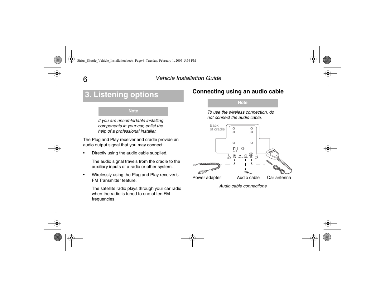 Listening options, Connecting using an audio cable, Vehicle installation guide | Clarion Sattelite Radio User Manual | Page 8 / 20