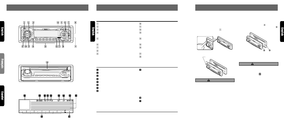 Nomenclature, Controls / les commandes / controles, Names of buttons | Display items, Lcd screen, Caution, Source unit / appareil pilote / unidad fuente, Function mode), Attaching the dcp, Removing the dcp | Clarion DRX9575Rz User Manual | Page 4 / 28